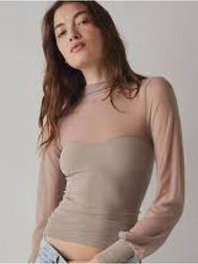Free People sage green Sheer Long Sleeve Layered Top